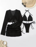 Sexy White Red Swimwear Women 2026 Long Sleeve Cover Up Drawstring Skirt 4 Piece Swimsuit Beach Bathing Suit Holiday Swimsuit