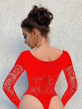 Toucheart Sexy Lingerie Long Sleeve Women's Jumpsuit Hollow Bikini One Piece Sexy Jacquard Solid Color Mesh See-through Bodysuit