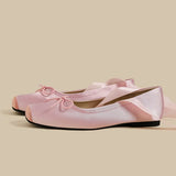 Balletcore Style Satin Lace-Up Flats for Women Black Ballerina Bow Detail Square Toe Ankle Wrap Ribbon Ballet Coquette Shoes
