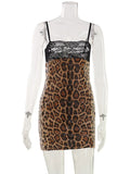 Ahagaga Camisole Sexy Mini Dresses Women Backless Lace Patchwork Leopard Print Sequin Slim Bodycon Y2K Club Party Vestidos