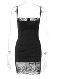 FDYOUI Women's Lace Patchwork White Wedding Party Dresses Sexy Spaghetti Strap Backless Skinny Mini Evening Prom Dress Clubwear