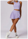 Outdoor Breathable Golf Wear Tennis Sport Sets Women Turn Down Collar Sleeveless Top Short 2 in 1 Skirt Running Fitness Set