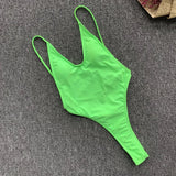 2026 Fluorescent Green One Piece Swimsuit for Women,solid Color,thong Backless Bikini,U-neck Suspender Swimwear,Adjustable Strap