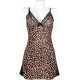 Women's Sexy Sleepwear Summer Leopard Printed Nighties Nightgowns Underwear Pajamas V-neck Lace Slim Mini Dress