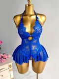 Elegant Lace Halter Neck Teddy Bodysuit With Bow Detail And Ruffled Hem Sexy Women's Lingerie