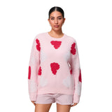 Women Spring Knitted Sweater Long Sleeve Round Neck Pearl Heart Print Knitwear Loose Pullover Tops