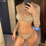 S- XXL Leopard Printed Long Sleeve Bikini Women Swimwear Female Swimsuit Three-piece Bikini set Bather Bathing Suit Swim V3193SW