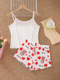 Cute Love Bear Printed Pajamas Set for Women's Sleepwear Loungewear Crop Tops and Shorts Home Wear Clothes