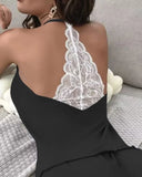 Summer Lace Crochet 2 Pieces Pajamas Set for Women Sleepwear Sleeveless V-Neck Crop Tops and Shorts Sets Casual Loungewear