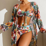 Sexy High Waisted Bikini 3 Pieces Floral Printed Swimsuit Size 3XL-S Women Bikini Set With Mesh Long-Sleeved Blouse Super Sales