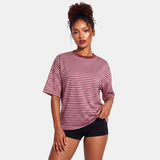 Summer Women's Loose T-shirt Casual Stylish Striped Crew Neck Short Sleeve Drop Shoulder Tee Tops