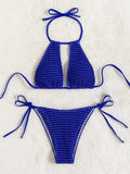 2025 Halter Tie Side Hollow Out Smocked Bikini Women Swimsuit Female Swimwear Two Pieces Bikini Set Swim Bathing Suit Beach Wear