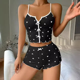 Women Pajama Set Heart Print Sleepwear Soft Ribbed Fabric Sexy Cami Top and Shorts Loungewear Casual Home Nightwear