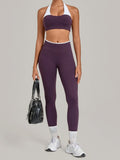 2 Pieces Color-block Yoga Sets Women  Hanging Neck Sports Bra High Waist Pants Built-in Pockets Outdoor Fitness Workout Suit