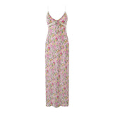 Lace Decoration Pink Floral Maxi Long Sundress Women's Dress 2025 Spaghetti Strap V Neck Smocked Boho Straight Boho Dress