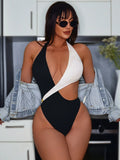 2025 New Fashion Bikini White and Black Contrasting Color Hollow Strap One-piece Swimsuit Beach Bathing Suit Women Купальник