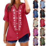 Womens V Neck Embroidered Linen Tunic Shirt Roll Up Sleeve Button Down Loose Fit Casual Boho Blouse Vintage Summer Beach Shirts