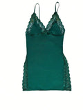 1pc Sexy Lace Trimmed Milk Silk Nightgown, Comfortable Lingerie