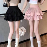 Double-layered Solid Colour High Waist A-line Hundred Mini Cake Skirt Including Safety Trousers Anti-glare Bustier Pleated Skirt