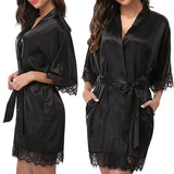 Women  Elegant Lightweight Black Satin Robe with Delicate Lace Trim Perfect for Lounging Sleepwear or Bridesmaids