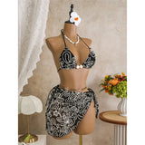 With Sarong Halter Printed Bikini Women Swimwear Female Swimsuit Padded Bather Bathing Suit Swim Three-pieces Bikini set K8073