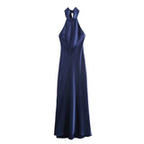 Elegant Solid Color Satin Halter Lace Up Long Dress Sexy Off Shoulder Backless Sleeveless Bodycon Dresses New Lady Party Robe