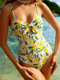 2026 New Yellow Fruit Print Bikini Suspender Backless Sexy One Piece Swimsuit High Waist Hollow Out Beach Vacation Bathing Suit