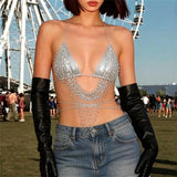 Women's Sparkle Rhinestones Halter Tops Stylish Glittering Mesh Crop Tank Tops with Tassel Bodice Nightclub Rave Costume