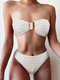 Striped Textured Bandeau Bikinis 2025 Women Sexy Swimsuit Push Up Swimwear Female Bathing Suit Swimming Summer Beachwear