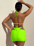 2026 Summer Leopard Print 3 Pieces Suit Swimwear Reversible Sexy Halter Lace-up Bikini Set Drawstring Skirt Cover Up Beachwear