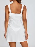 Women Solid Color Square Collar Short Dresses Sleeveless Buttons Off Shoulder Casual Party Summer Spring Dress