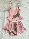 Summer 2-pieces Pink Leopard Printed Pajamas Set for Women Sexy Ice Silk Stain Sleepwear Casual Crop Tops and Shorts Lounge