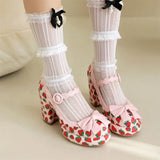 Big Size 43 High Quality Women's y2k Block High Heels Sweet Strawberry Print Mary Jane Pumps Black Pink Platform Lolita Shoes