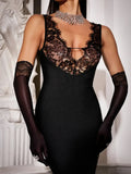 Ahagaga Lace Women's Party Maxi Dresses Solid Skinny V-Neck See Through Camisole Blackless Bodycon Sleeveless Vestidos Robes