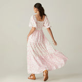 Women Summer Long Dress Floral Print Square Neck Short Sleeve Fashion Casual Bohemian Holiday Beach Dresses