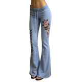 Retro rose letter print low-waist drawstring flared trousers, slim fit and versatile casual trousers