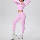 New Women Yoga Set Solid Color Double-Sided Brushed Bare Feel Short Long-Sleeve Jacket Tight Pants Running Fitness 2-Piece Set