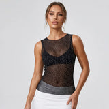 Women Sheer Rhinestones Tank Tops Mesh Sleeveless Shirt Aesthetic Beach Club Sexy Basic Vest Streetwear Summer