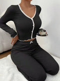 Y2K Ribbed Knit Loungewear Set for Women Long Sleeve V Neck Button Top and Pants Pajamas Two Piece Sleepwear with Lace Trim New