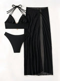 3 Pieces Halter Bikinis 2026 Solid Swimwear Female Sexy Swimsuit Women With Mesh Beach Dress Bathers Bathing Swimming Swim Suit