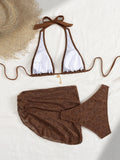 Sexy Coffee Bikinis Sets Women Hollow Out Mesh Cover Up 3 Piece Swimsuit Beach Push Up Beach Bathing Suit High Waist Swimwear