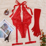 New Purple Sexy Lace Bodysuits Deep V Neck Halter Mesh Solid Color Bodysuits Charming  Pure Desire Transparent Flower Print OOB5