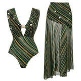 Women Swimwear 2PC Cover-up Swimsuit Ruffle Dongbei Printed Deep V One-piece Monokini Kimono Bikini Suit Summer Beachwear