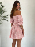 Foridol Square Collar Gingham Printed Women Casual Summer Short Dress Puff Sleeve A-line Pink Cute Fashion Outfit Vestidos
