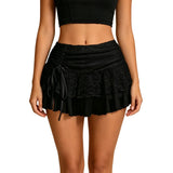 2026 Summer Women Mini Skirt Lace Floral Tiered Ruffle Low Waist Side Drawstring Going Out Cake Skirts