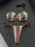 Sexy Coffee Striped Micro Bikini 2026 Women Bandeau Metal Shell Push Up Bra Bandage Thong Swimwear Beach Bathing Suit Swimsuit