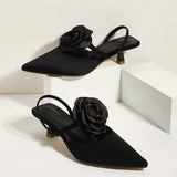 2025 Large Size 43 Summer Women's Pointy Toe Kitten Heels Slingback Pumps Elegant Satin Sandal Rose Flower Office Lady Shoes