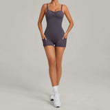 Womens Two Way Wear Bodysuit Sleeveless Yoga Stretch One Piece Romper Sexy Fitness Side Pockets Sportwears Bodysuit