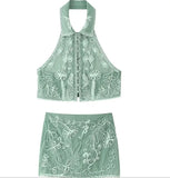 Women's Fashionable Lapel Embroidered Backless Shorts Set J25E