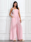 Women Fashion Jumpsuits Sleeveless Buttons Suspender Wide Leg Pant Overalls with Pockets Casual Loose Romper Streetwear
